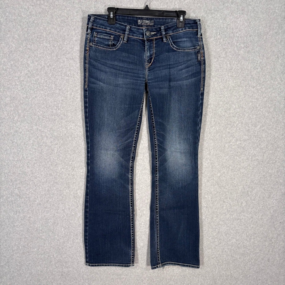 Y2K Low Rise Bootcut Silver Jeans Aiko 32x33 Embroidered Thick Stitch Heel Bite